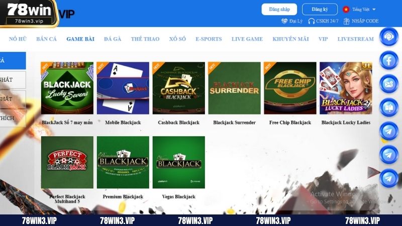 Lợi thế khi chơi blacjack tại 78win3.vip
